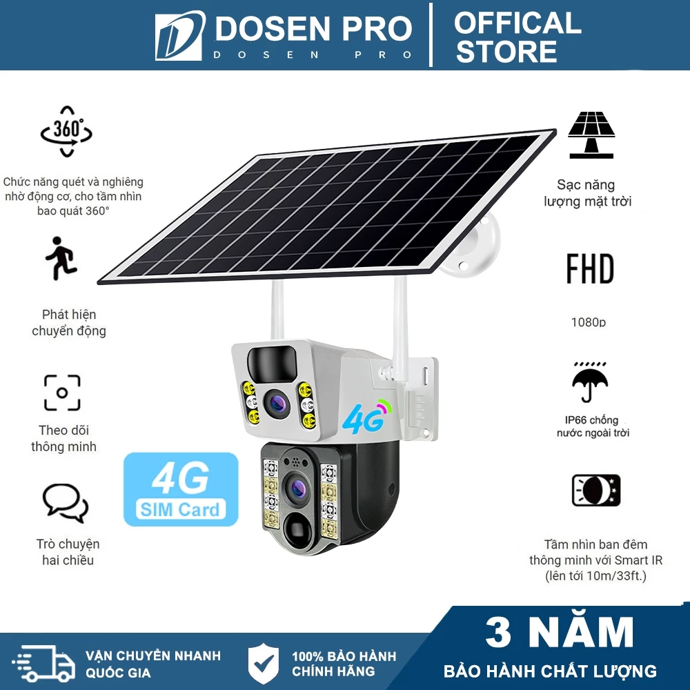 Solar giám sát Camera 2 mắt 4G WiFi 360 độ DOSEN PRO 1080P HD IP Không thấm nước ngoài trời